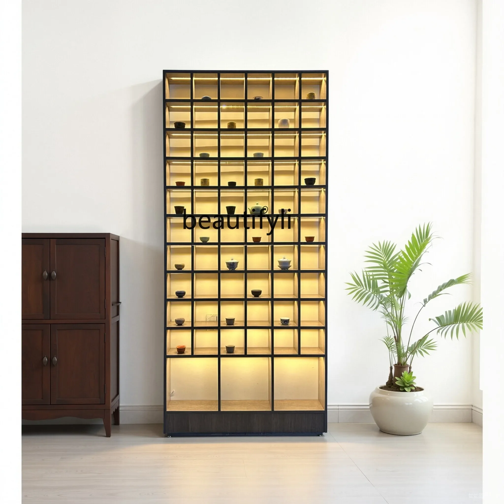 

Bogu rack with lamp lattice rack, tea leaves with lamp wall hanging to the ground, teapot and water cup display