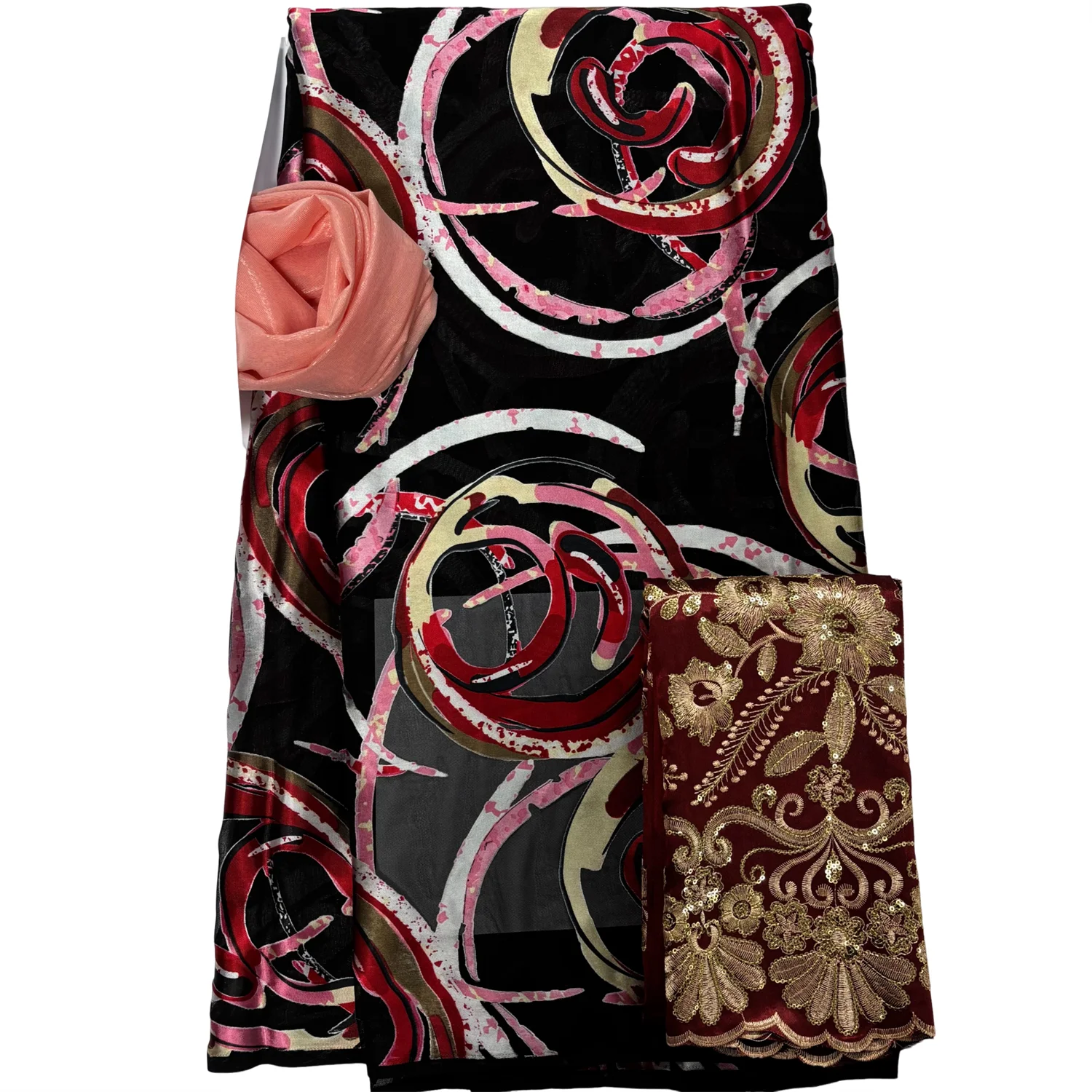 

New 3.65+2+2 Yards/Set New African Chiffon Print Satin Silk Fabric With George Sequins Lace For Party Lady Dress Sewing Material