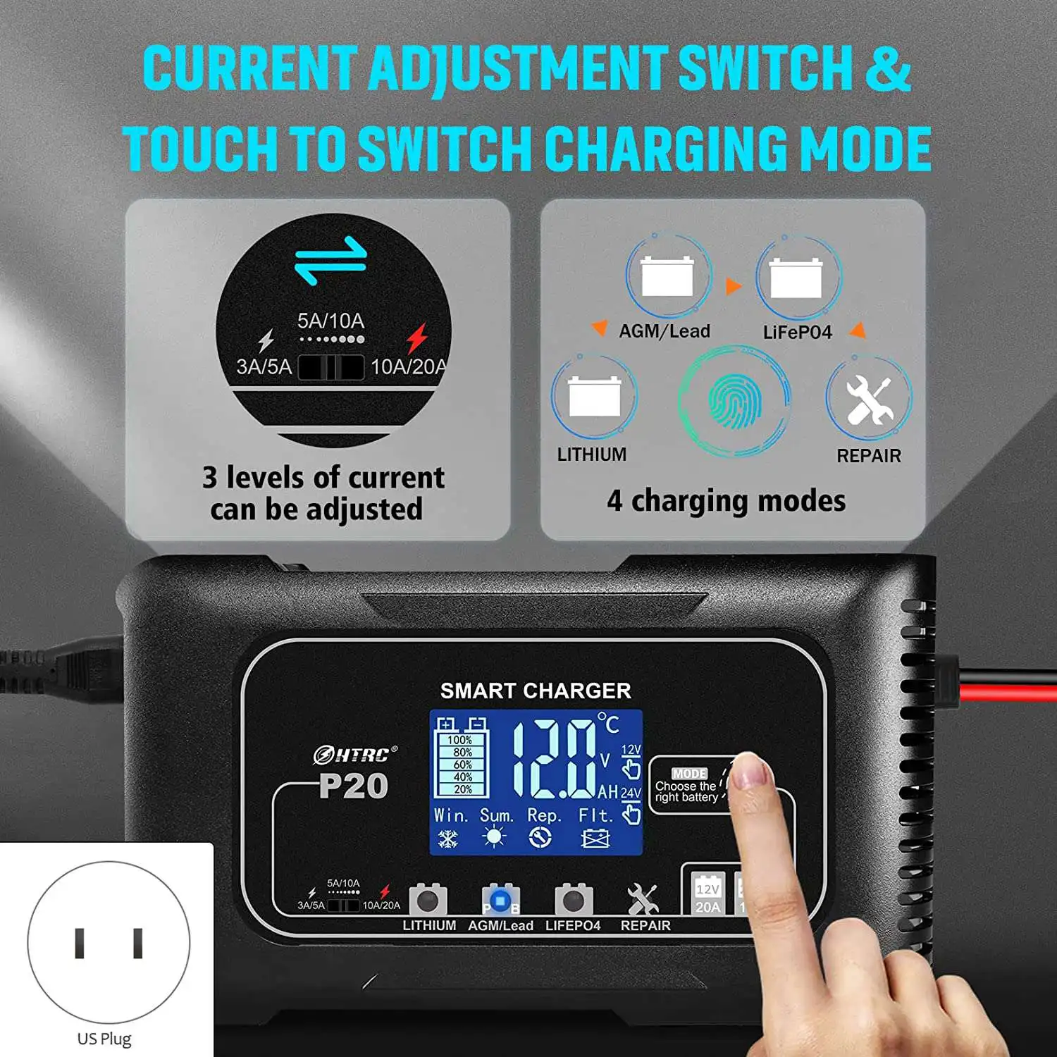 HTRC Smart Battery Charger 12V/20A 24V/10A Lead-Acid(AGM/Gel/SLA.) Car Charger Pulse Repair Charger for Car Boat US