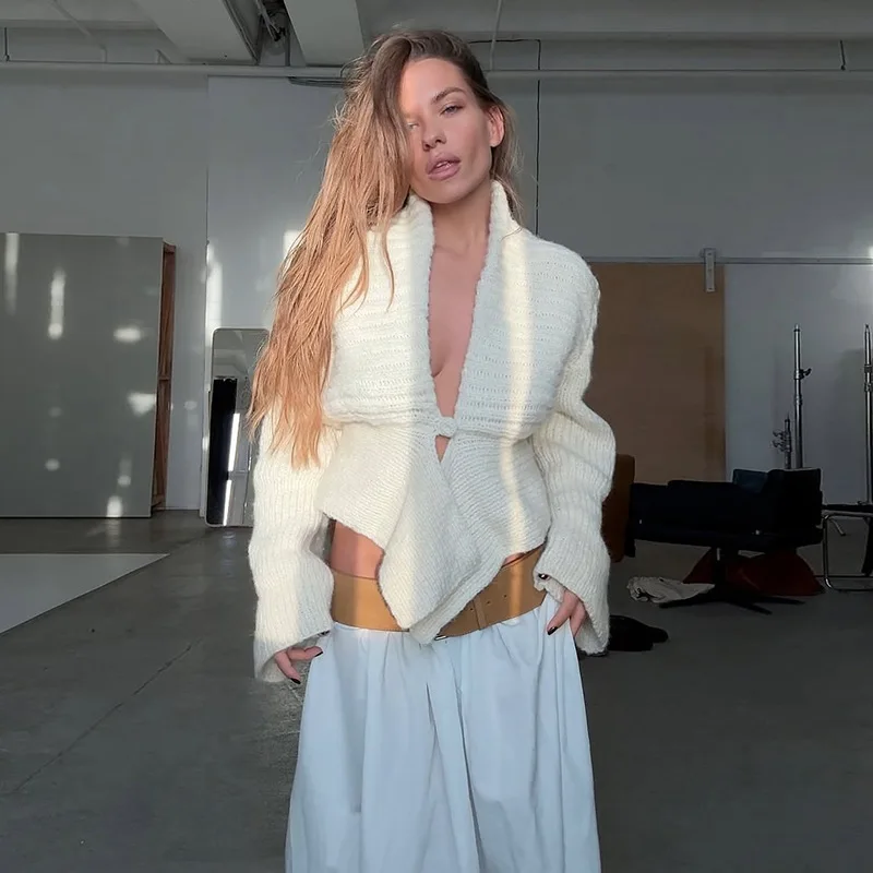 

Women Fashion Elegant Vintage Knit Sweater Cardigan Turn Down Collar Long Sleeve Single Button Asymmetrical Knitwear Cover Ups