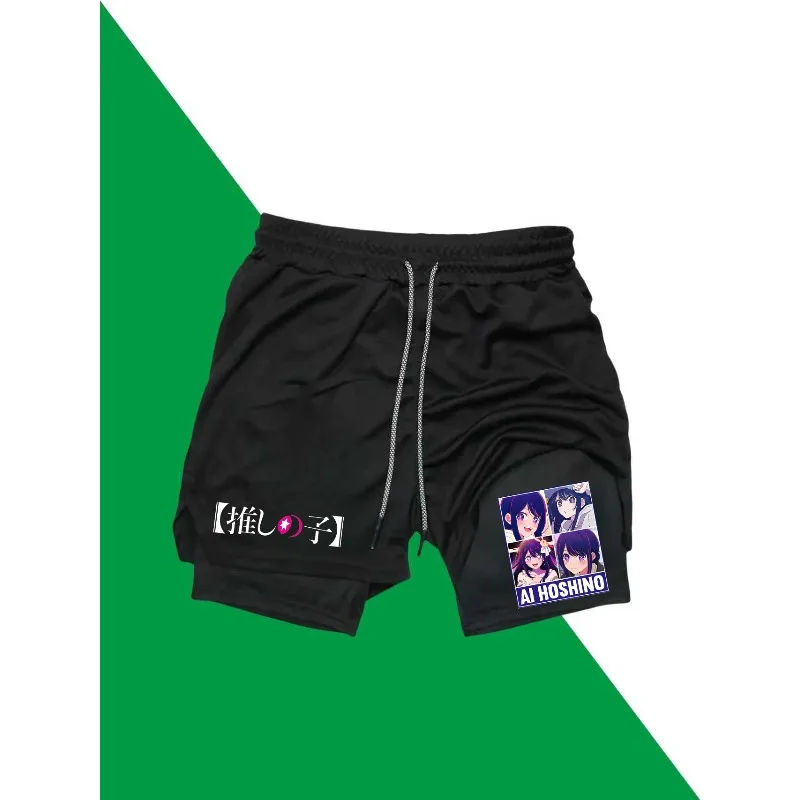 Ai Hoshino طباعة 2in1 تشغيل تجريب السراويل الرجال الصالة الرياضية أداء ضغط السراويل مع جيب للهاتف منشفة رياضية أكتيفيوير #6