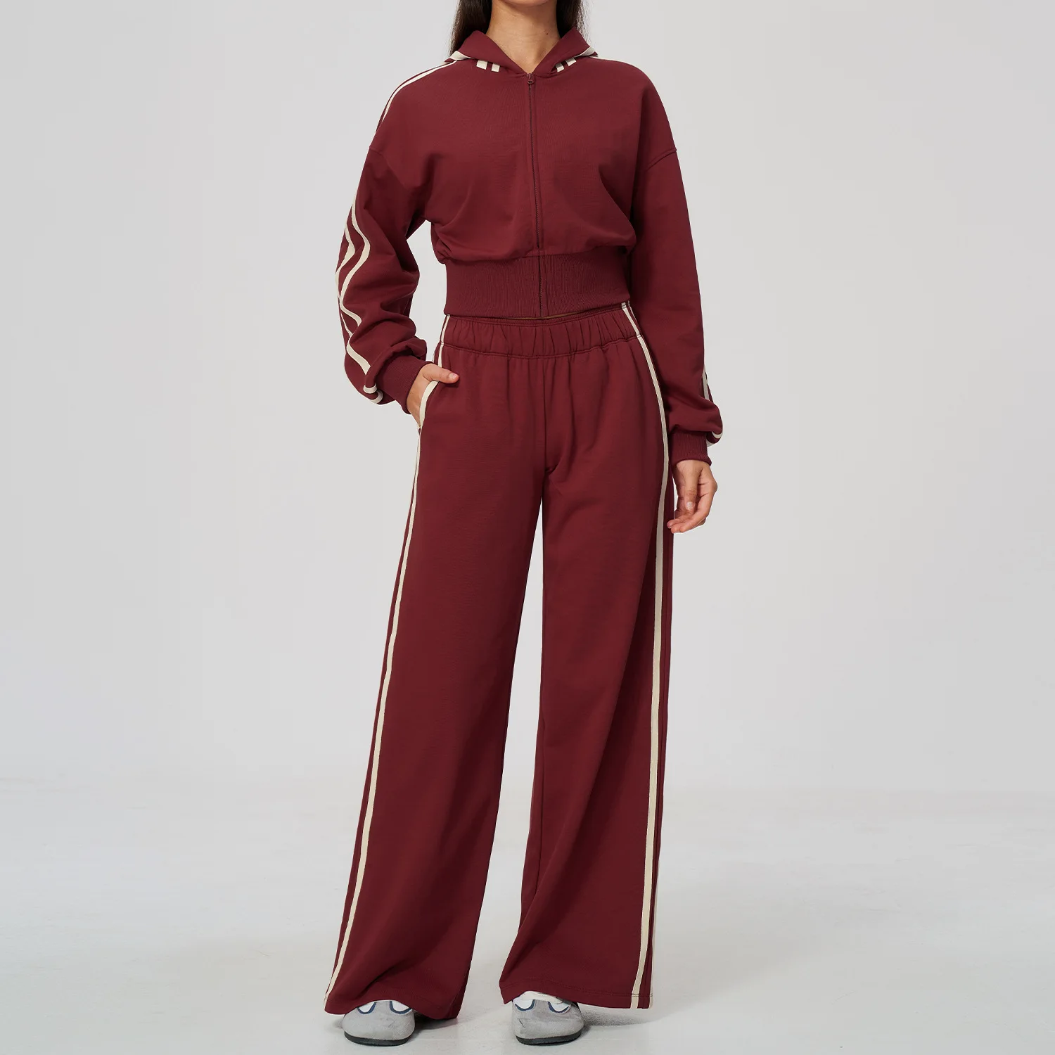 Yoga Set Gym Set Women Tracksuit 2pcs Fitness Suit Sportswear Hooded Zipper Jacket Wide Leg Pants Workout Running Training Suit
