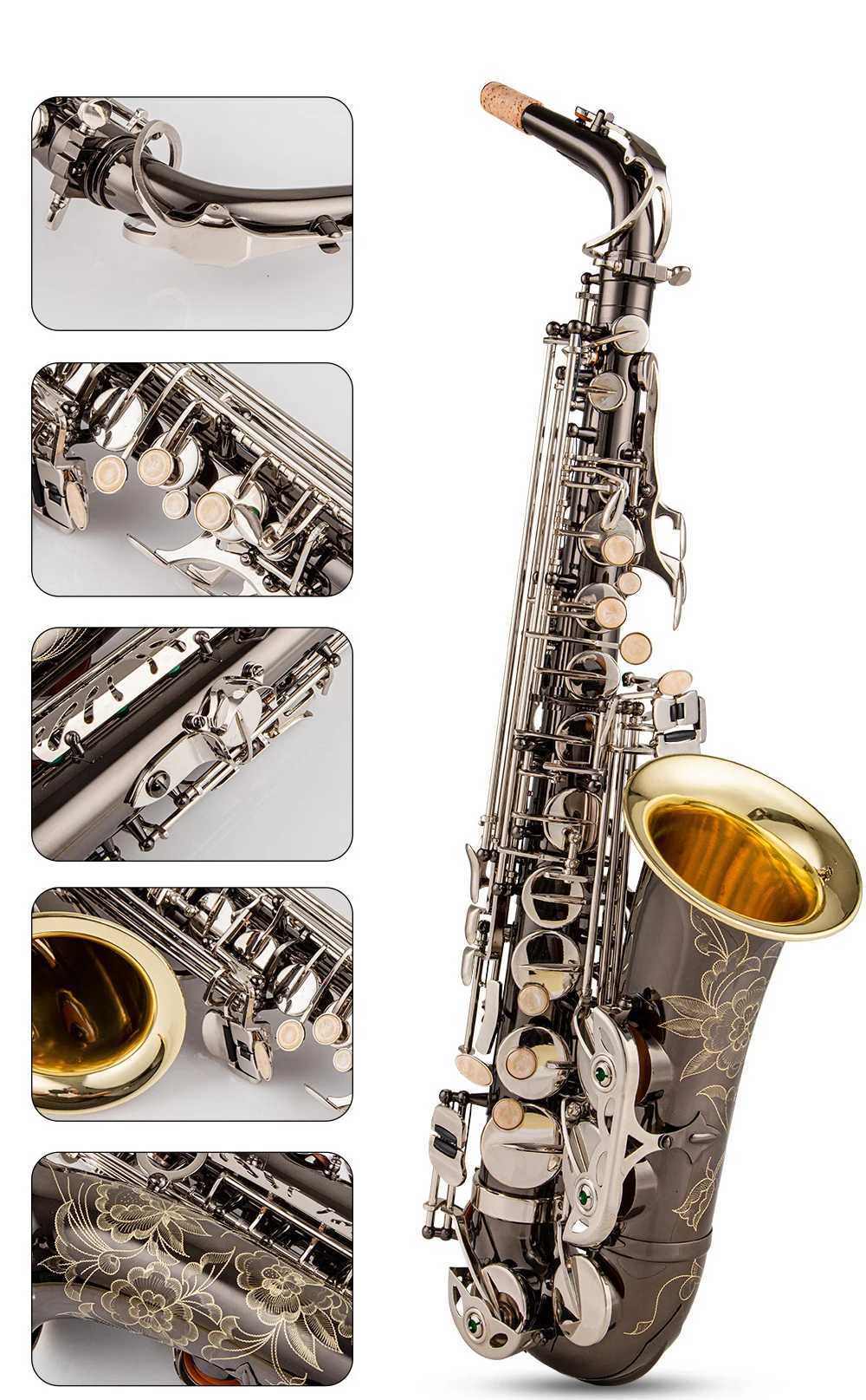 Alto and Tenor Saxophone E-Flat Black Nickel Gold Bell Sax Mouthpiece Silver Key Reed Neck Musical Instrument Accessories