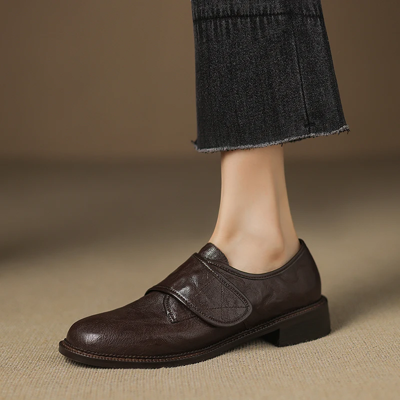 

2025 новые модные женские туфли-лодочки из натуральной кожи, весенние туфли на среднем каблуке, повседневные женские офисные лоферы с круглым носком, женские размеры 34–40