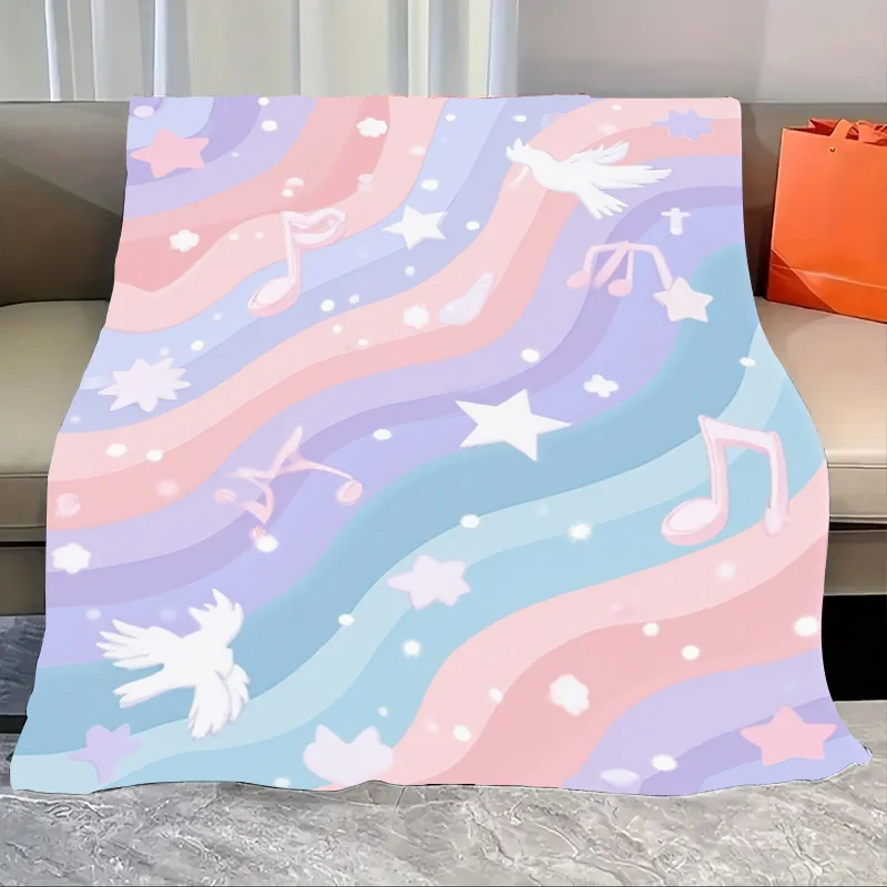 Manta de franela suave y ligera para todas las estaciones, color Pastel, arcoíris, notas musicales, estrellas y pájaros, manta para bebé, suave y acogedora