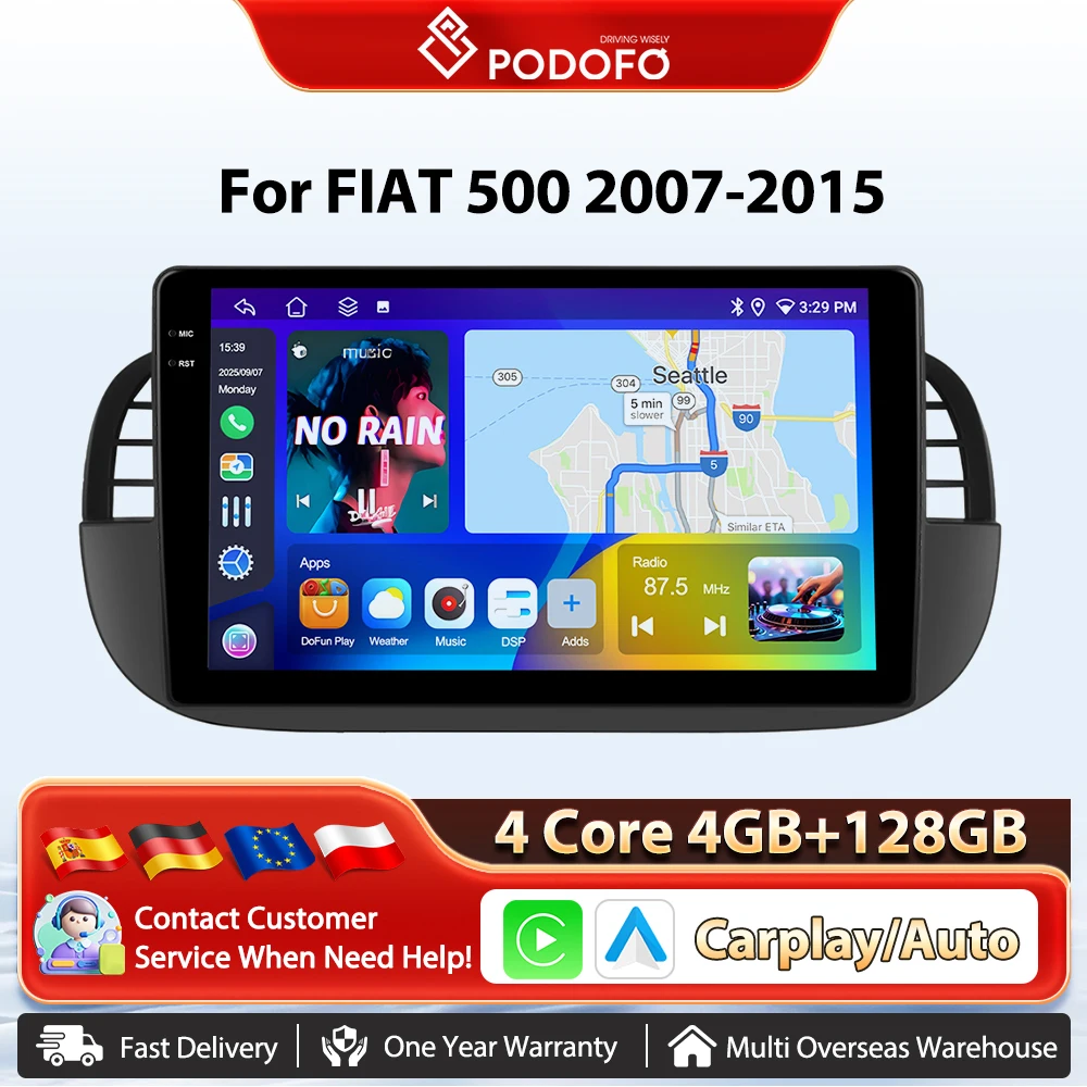 Podofo 9-Zoll-Funk-Carplay-Android-Auto-Radio für FIAT 500 2007-2015 Autoradio GPS-Navigation BT FM/RDS 2-DIN Auto-Intelligenzsystem Plug&Play-Haupteinheit SWC Auto-Multimedia-Stereo Wifi