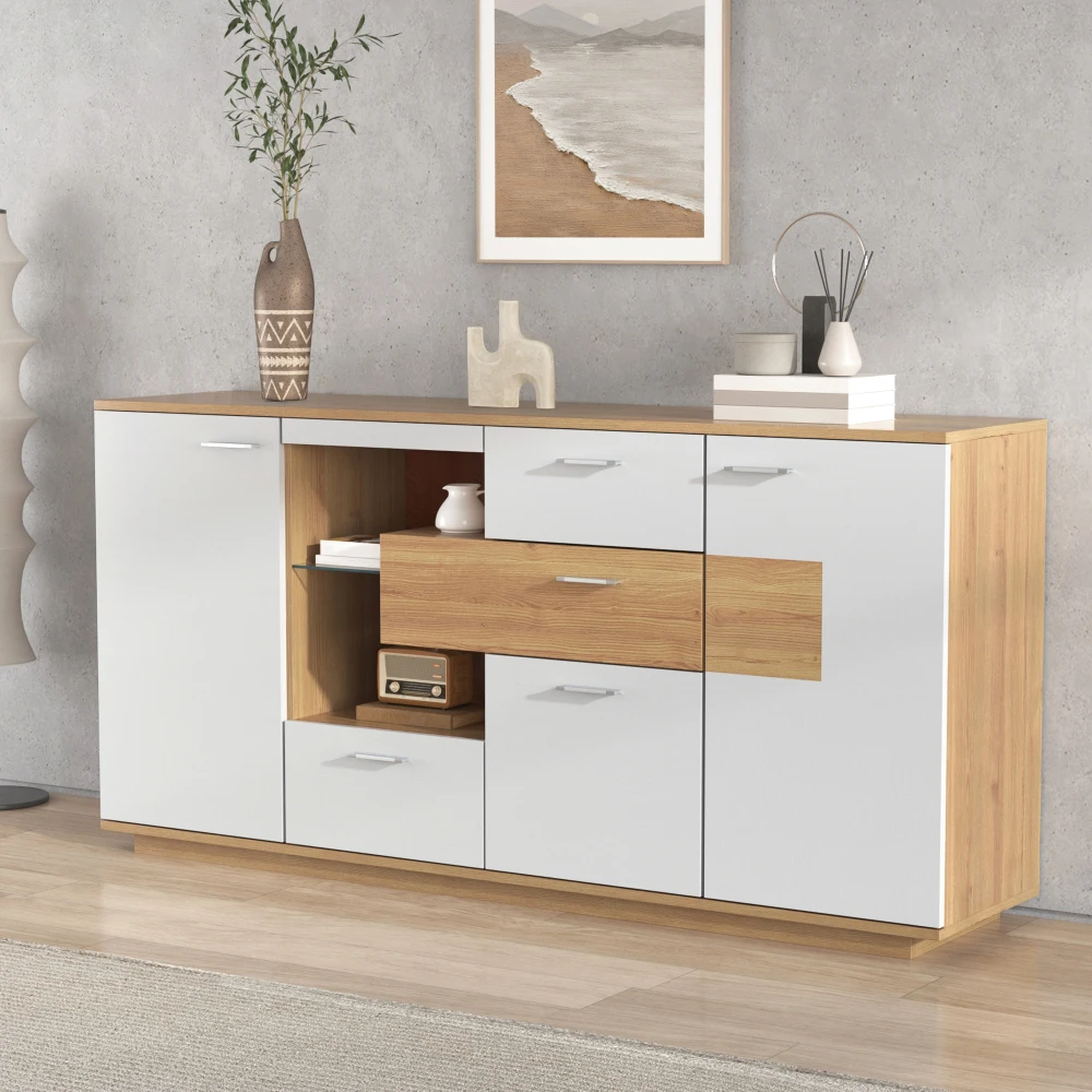 Aparador moderno de 160x40x77 cm con mucho almacenamiento y iluminación LED, mueble de salón con 2 puertas y 4 cajones, estante de vidrio