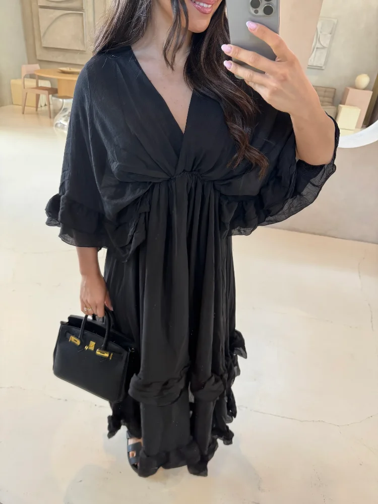 Mulheres cintura alta manga cheia a linha vestido longo branco decote em v chiffon em camadas babados maxi vestidos de verão senhora high street robes