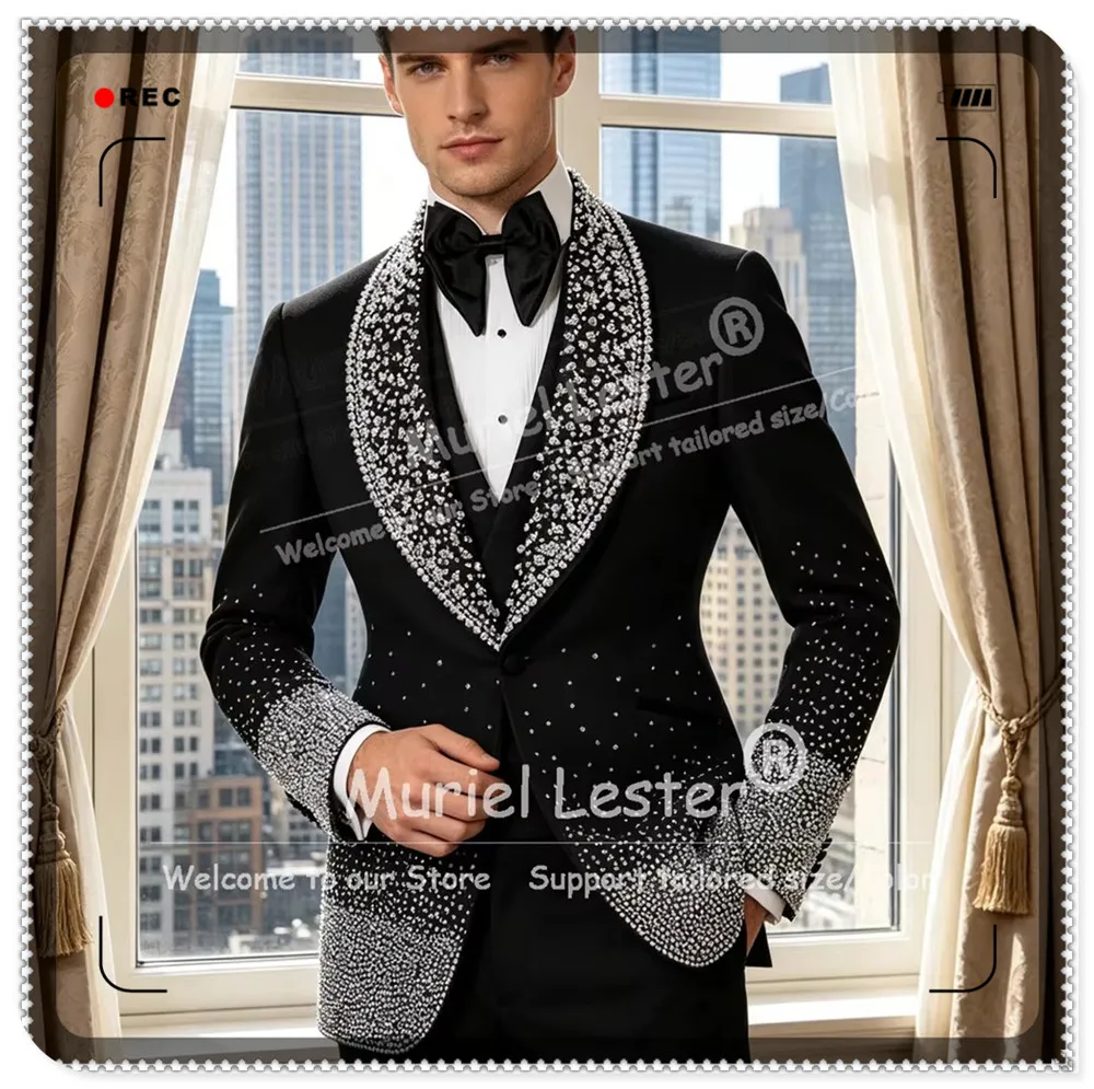 Luxury Rhinestone Beading Suit Man For Wedding Single Breasted Jacket Vest Pants 3 Piece Sets Groom Tuxedos Formal Wear Outfits