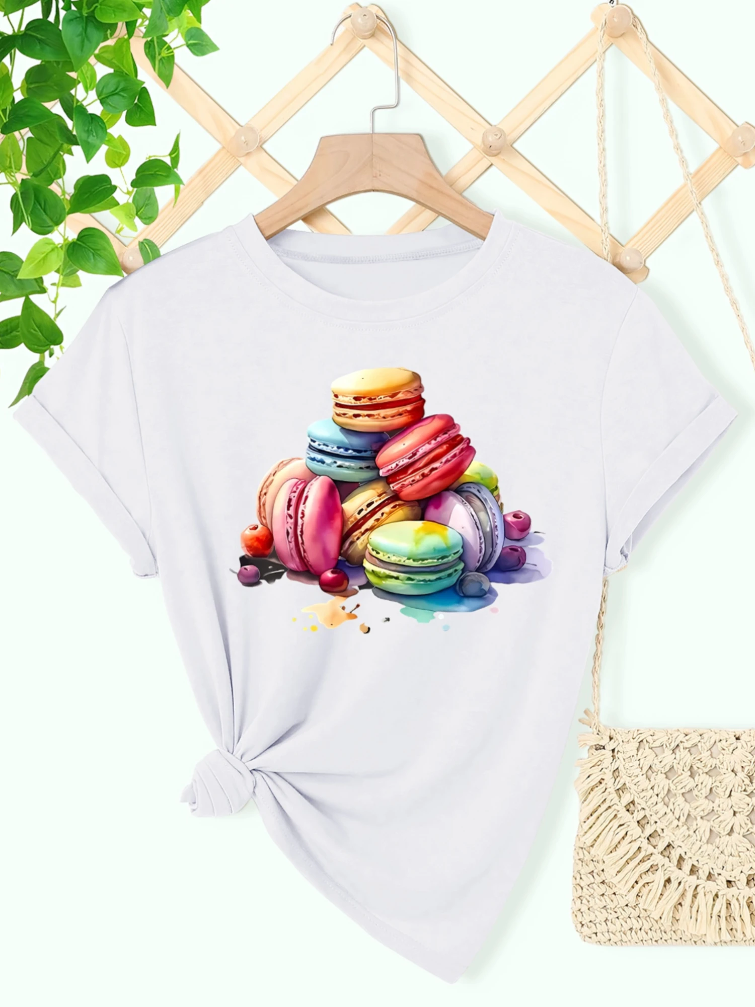 Macaron Dessert Print Fresh Style Women's Top Summer Round Neck Short Sleeve Sports Casual T-Shirt Black S-Xxl
