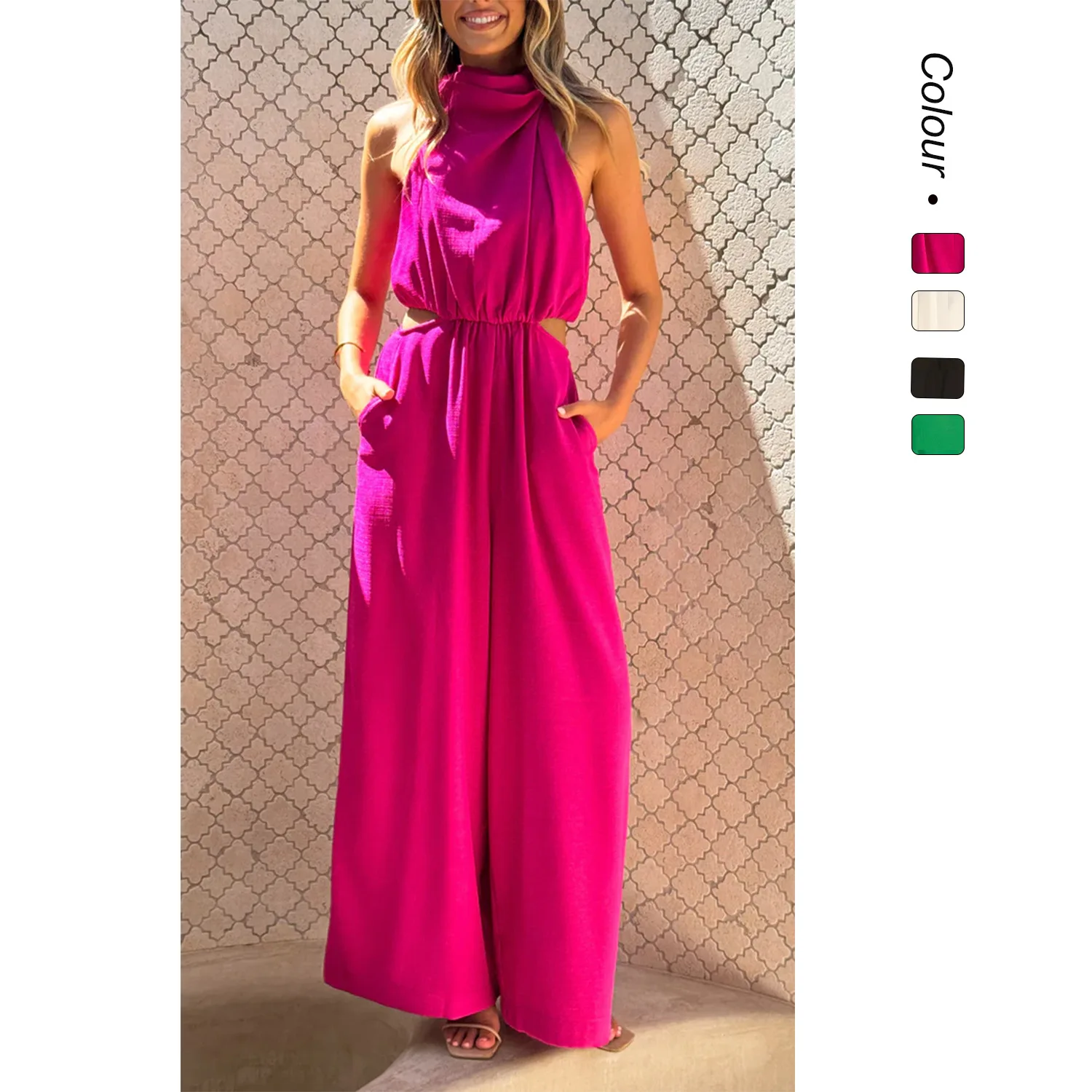 

Модный летний комбинезон с широкими штанинами, поясом на талии, высокой талией, длинными прямыми штанинами, из полиэстера, женский, цельный.