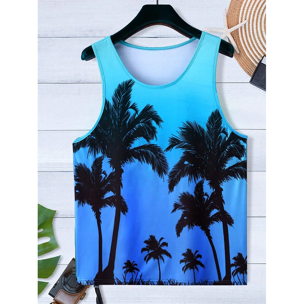 Hawaii Seaside Vacation Sleeveless Men's Vest Coconut Tree Sunset Print Harajuku Street Fashion Sports Breathable Men's Vest