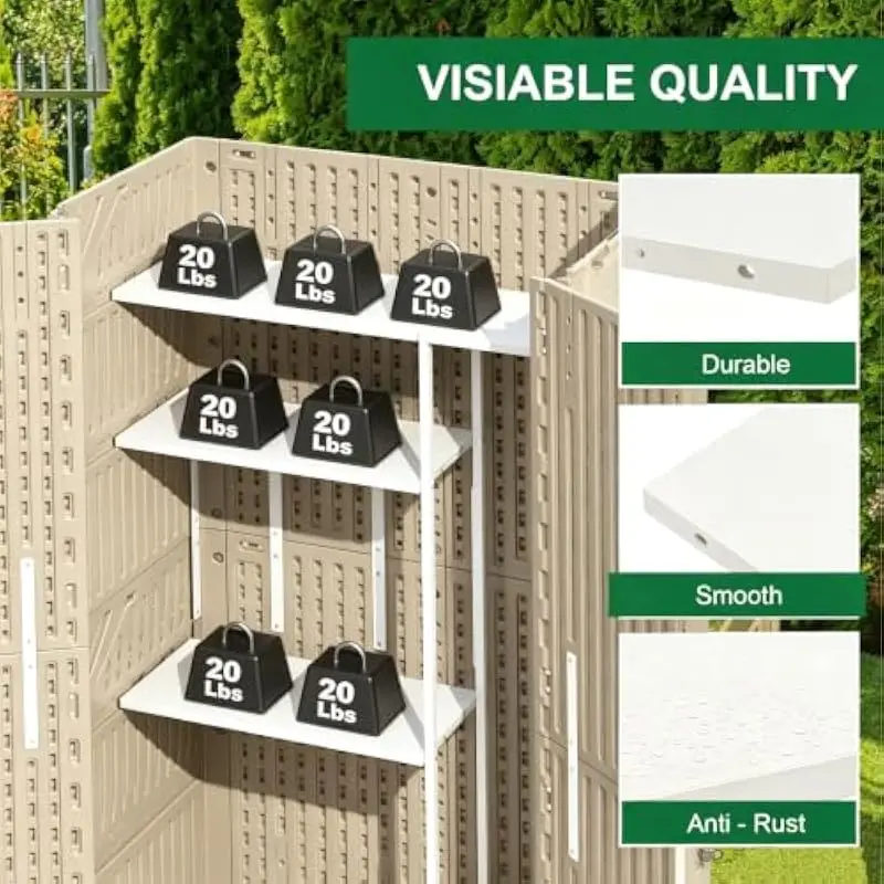 7 ft x 4 ft all-weather resin storage cabinet with integrated metal shelving kit, waterproof vertical garden shed featuring lock