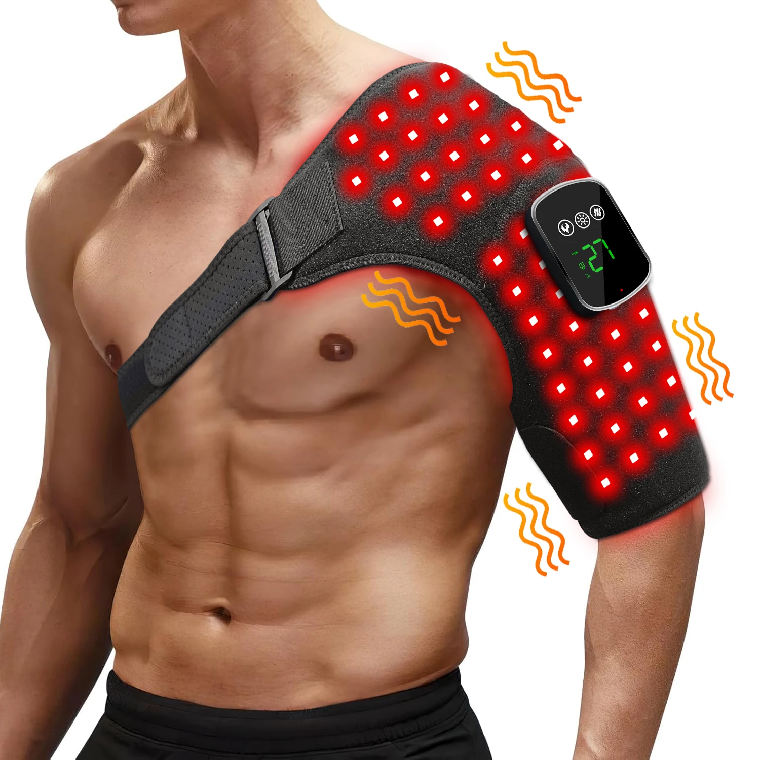 Wireless red light therapy, heated vibrating shoulder sleeves, support pads, shoulder pain regeneration
