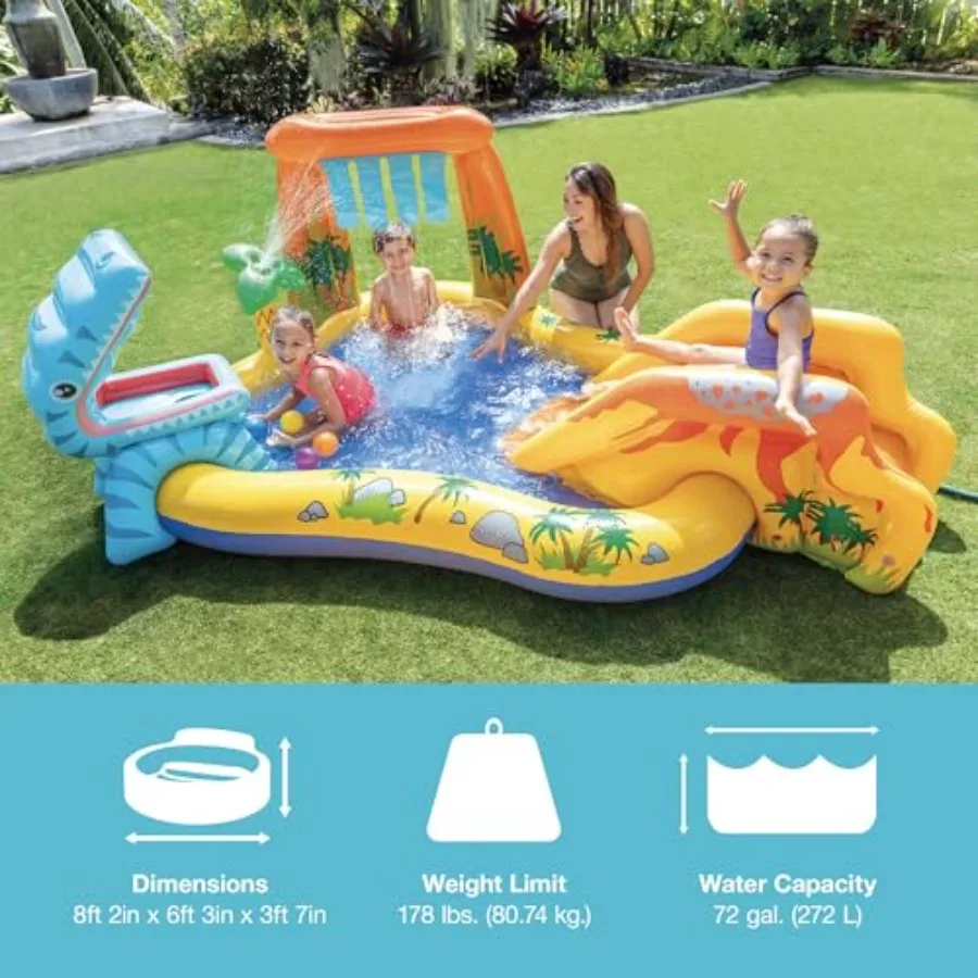 Dinoland Play Center Kiddie Inflatable Pool and Dinosaur Water Splash Swimming Pool with Water Sprayers, Waterfalls, Slides, an