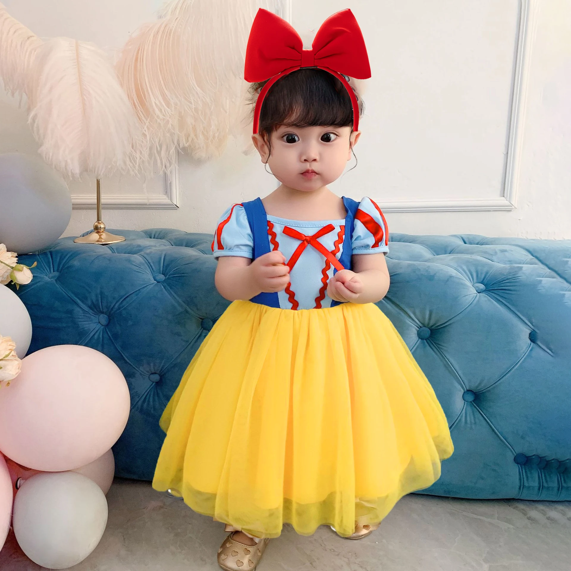 Girls Snow White Princess Costume Baby Girl Princess Dress Toddler Puff Sleeves Tulle Tutu Gown Kids Birthday Baptism Costumes