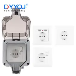 IP66 EU Outdoor Weatherproof Wall Power Socket with Grounded 250V For Home Switch USB Germany Standard Waterproof Box