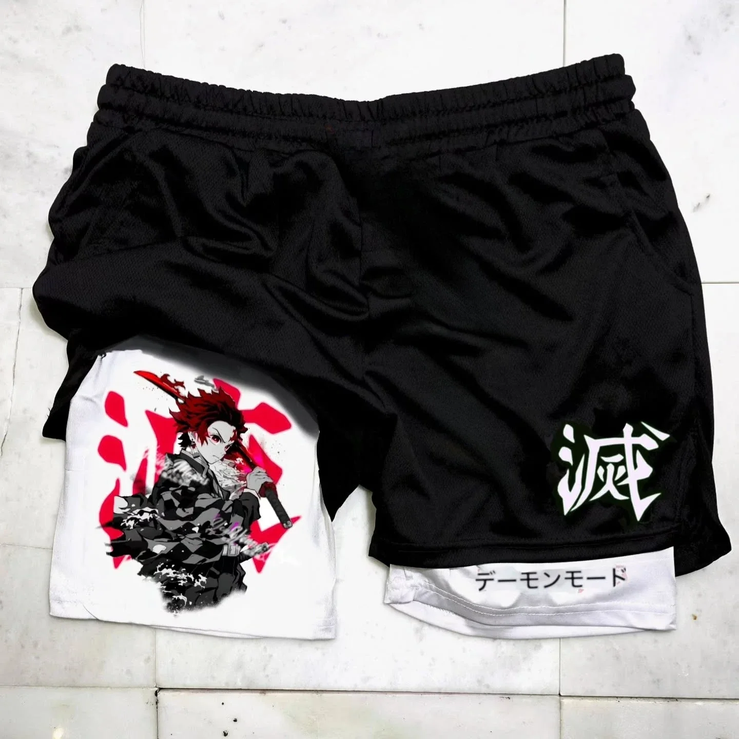 

Demon Slayer оригинальные спортивные двухслойные шорты с принтом, летние мужские дышащие быстросохнущие повседневные шорты 2-в-1 для тренажерного зала и фитнеса