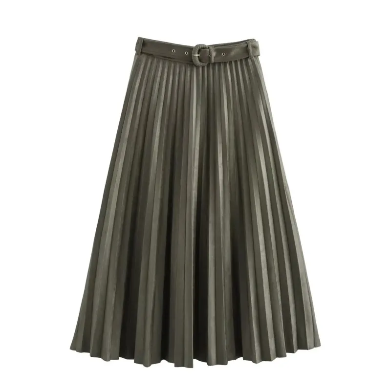 TRAF Women Pleated Skirt With Belt for Autumn Casual High Street Suede Effect Pleated Midi Skirt Side Zipper Casual Female Skirt