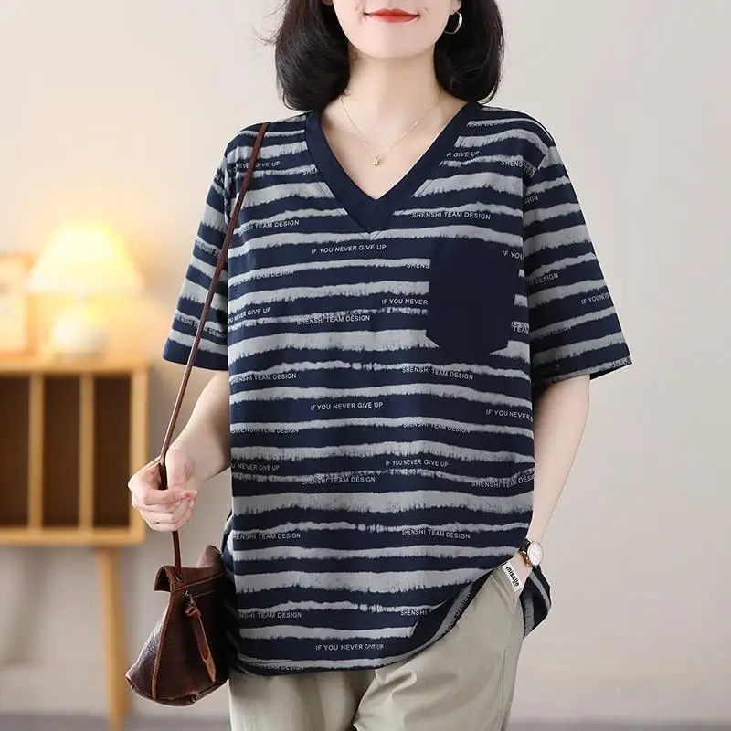 Big Size Cotton Women Clothing Striped Oversized T-Shirt Korean Fashion Summer Short Sleeve Versatile Vintage Basic Casual Tops