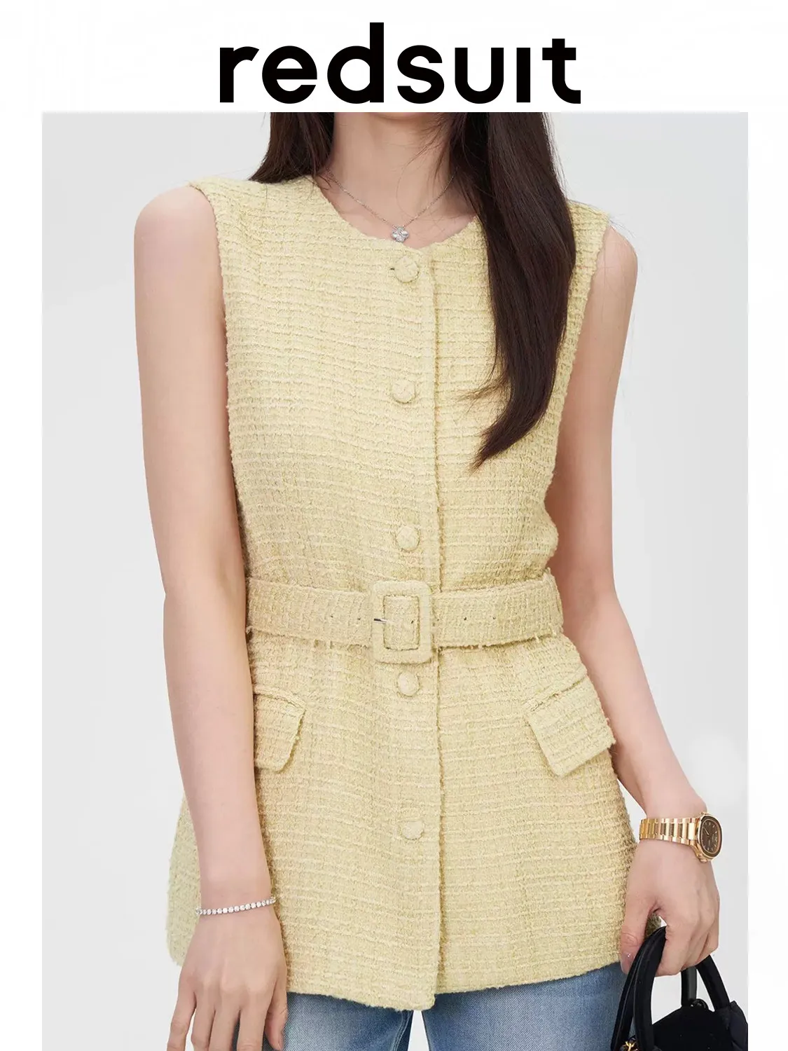 New Fine blend yellow vest, round neck waistband sleeveless top Custom size