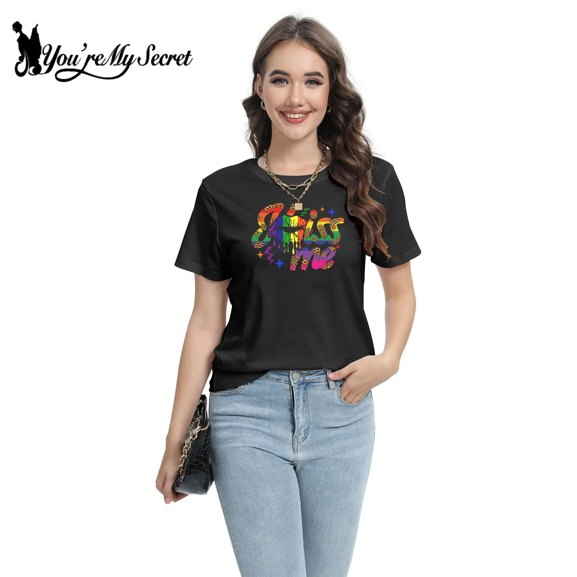 [You're My Secret] Holiday Party Gay Pride T-Shirts Women Casual Loose Top Short Sleeve Black 3D Printing Female Clothing