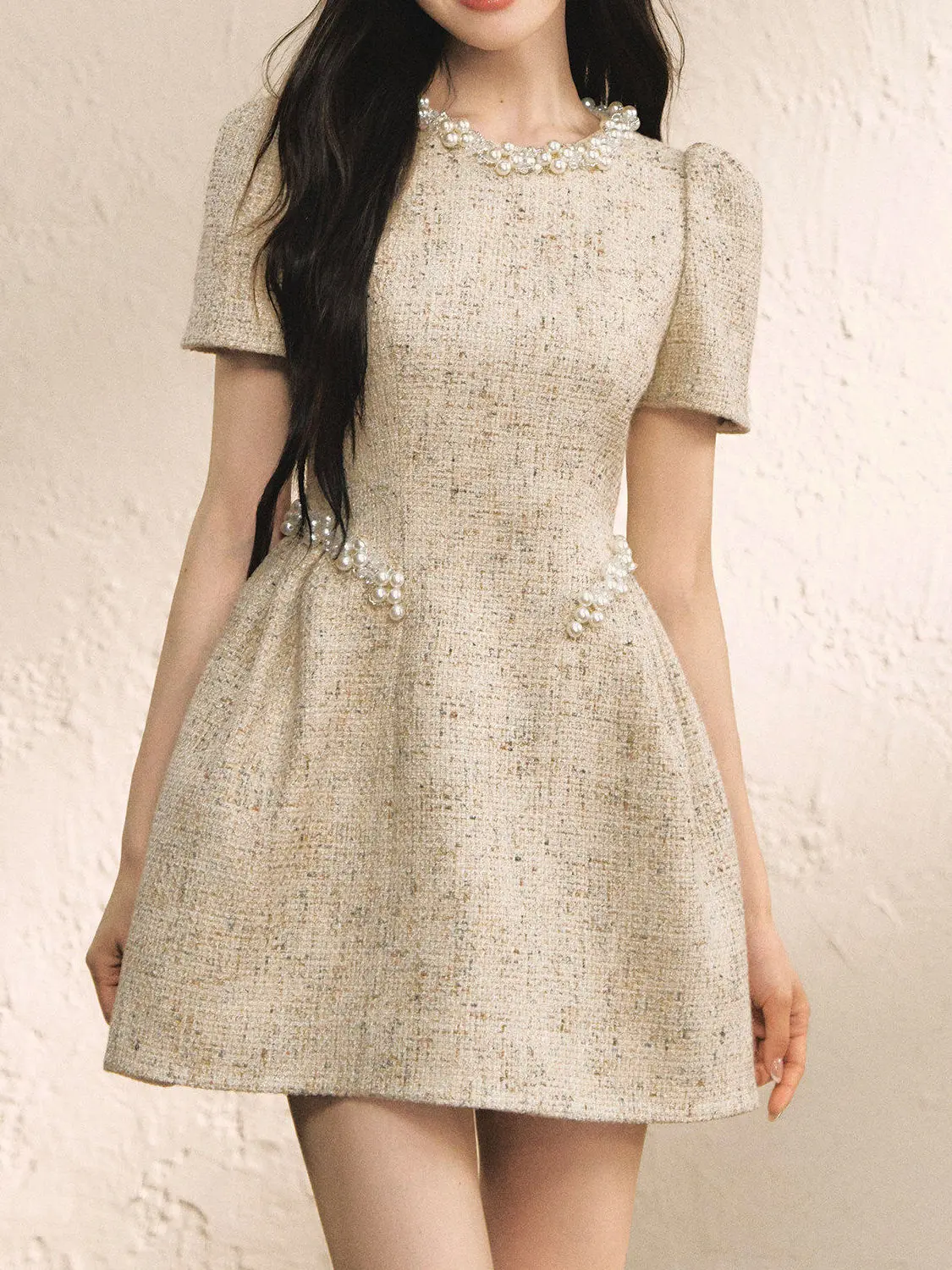 Vestido Corto con Mangas Abullonadas para Mujer, Cintura Alta, con Cuentas, Vestido de Fiesta, Cumpleaños, Noche, Comunión