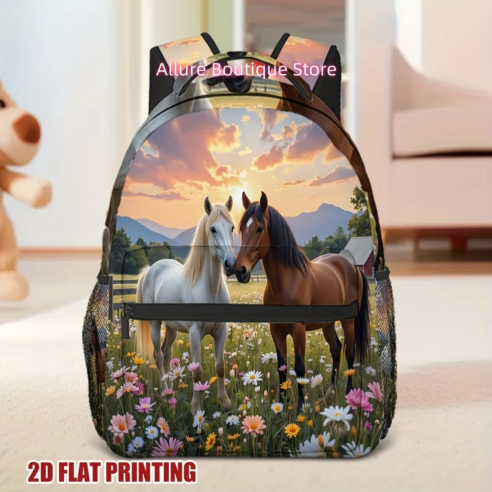 1pc Sunset Horse Print Backpack - Lightweight Multi-Pocket Design, Vibrant Horse & Floral Print, Perfect for Work, Travel & Ever