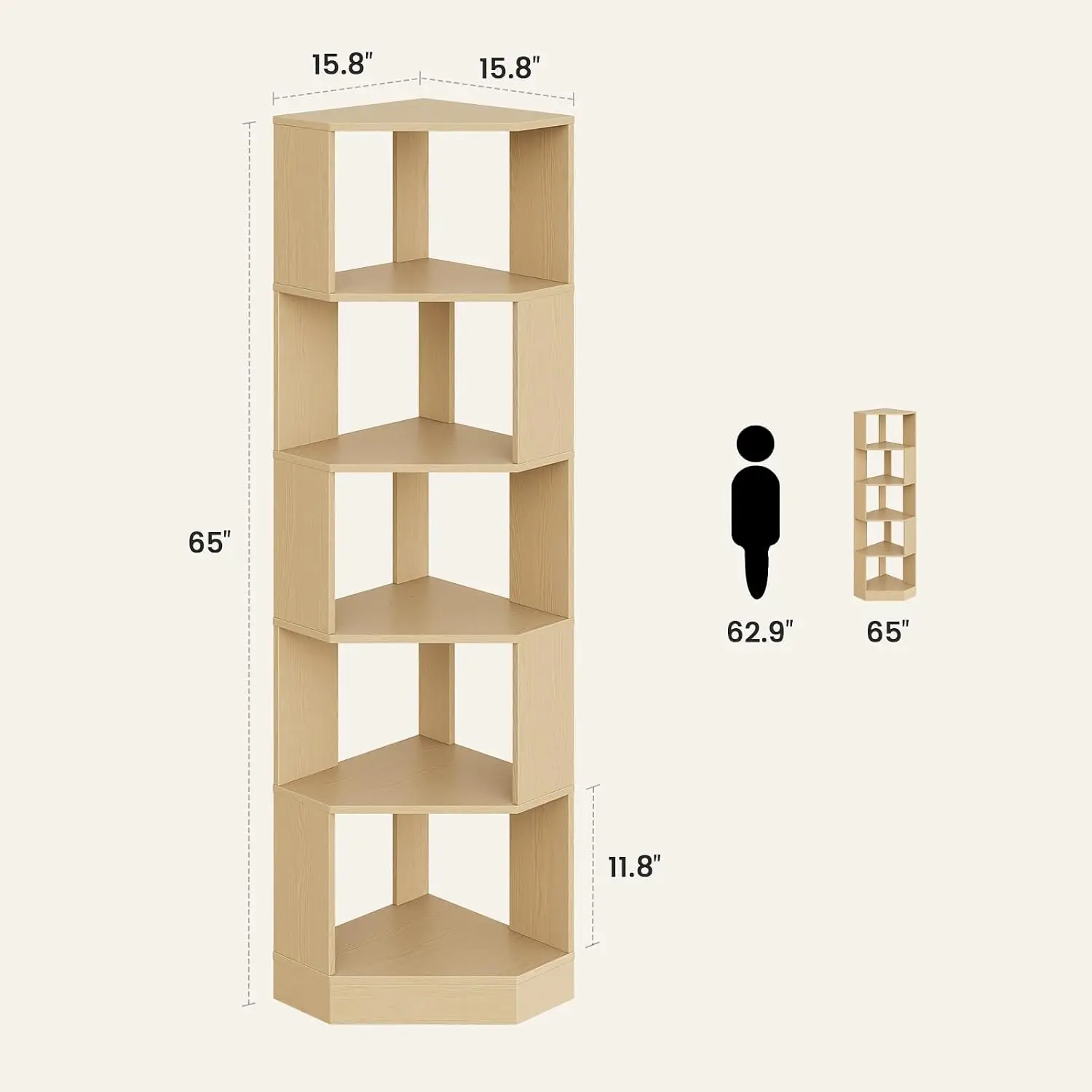Modern Corner Bookshelf, 5-Tier Wooden Corner Book Case