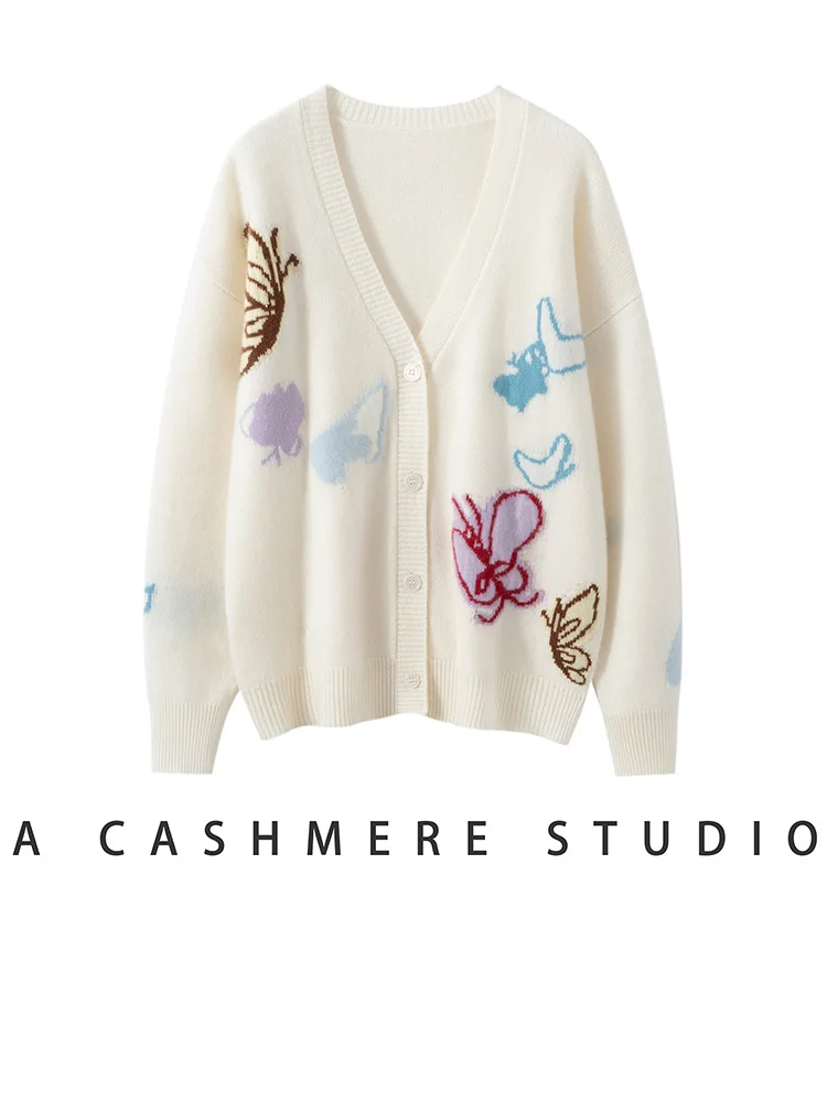 

MEETCC Women's 100% Cashmere Butterfly Embroidered Pattern Cardigan V Neck Autumn Winter Artistic Knitted Top Buttoned Outerwear