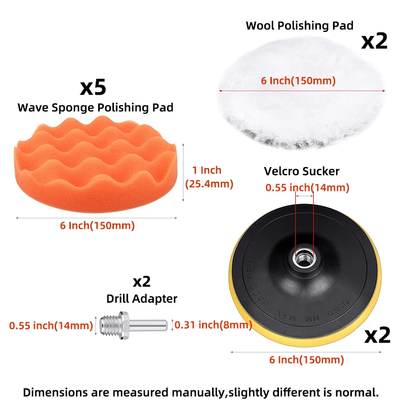 11Pcs 6 Inch Car Polishing Buffing Sponge Pads Kit Wool Buffer Pad with Drill Adapter for Car Waxing Cleaning