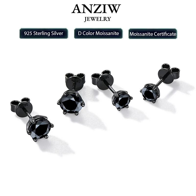

Anziw 6.5MM 2CTW. Black Moissanite Stud Earrings For Women and Men 925 Silver Black Earrings 0.5ct 1ct Round Cut Lab Diamond 5mm