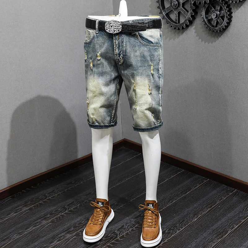 2024Summer Retro tattered jeans denim shorts men's fashion nostalgic Korean style slim fit all-matching pirate shorts