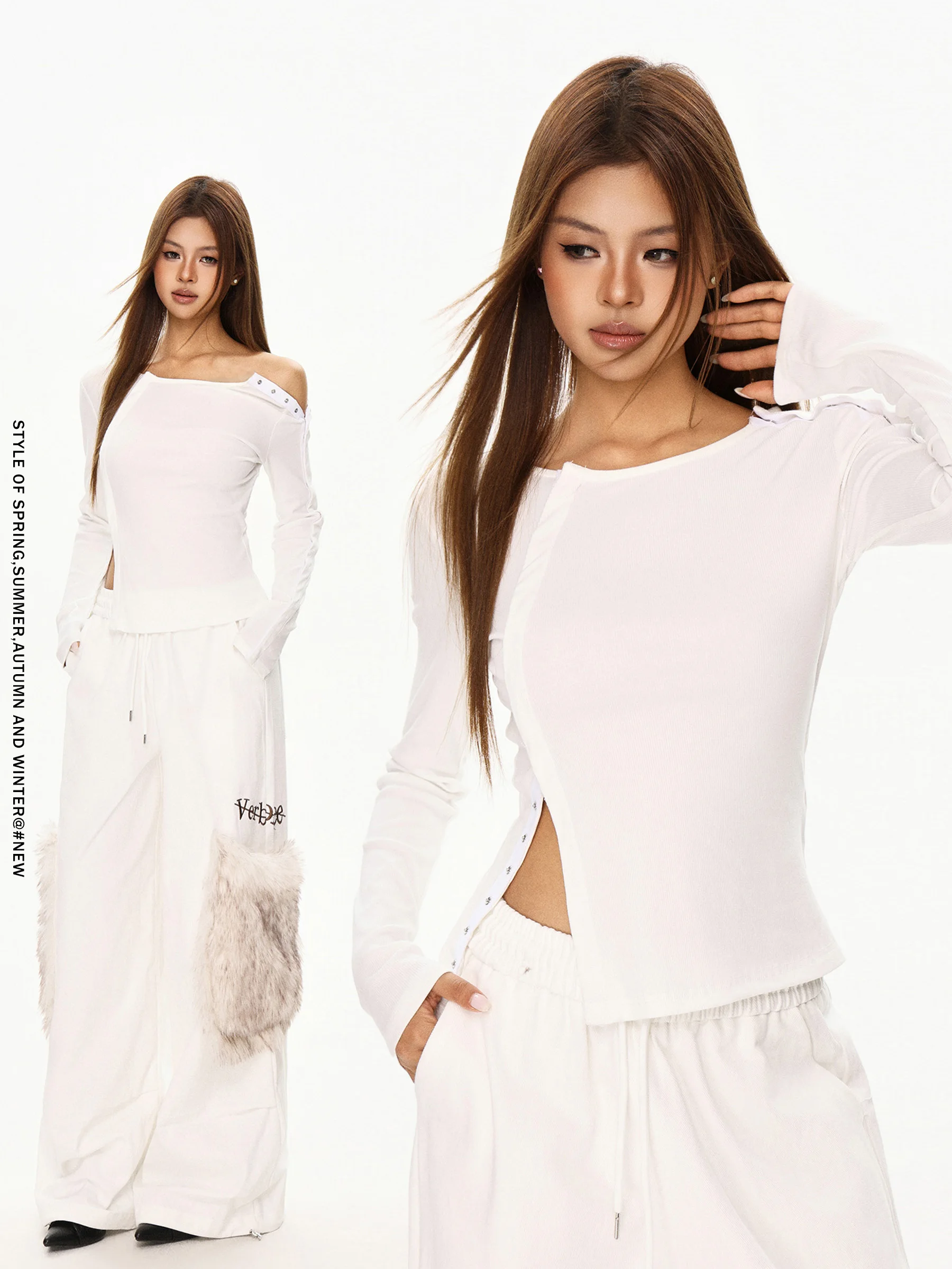 

Slim Fit American Sle round Ne Base irt Bla Asymmetrical Slit T-irt for Women Autumn Winter Faion Casual Streetwear