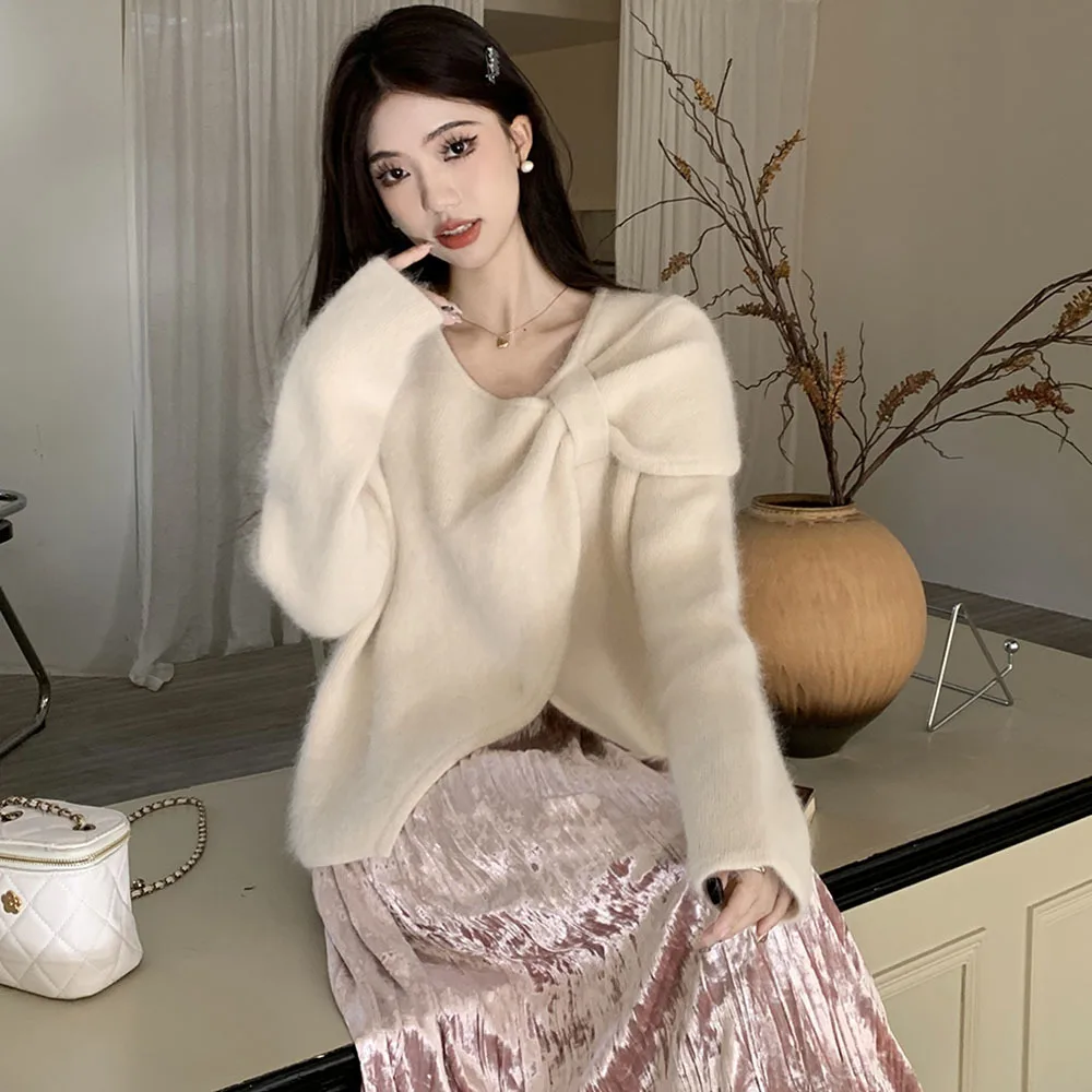 

Irregular Bowtie Pullover Sweater For Women's Winter Soft Glutinous Mohair Knitwears Ladies Korean Gentle Style Loose Knit Tops