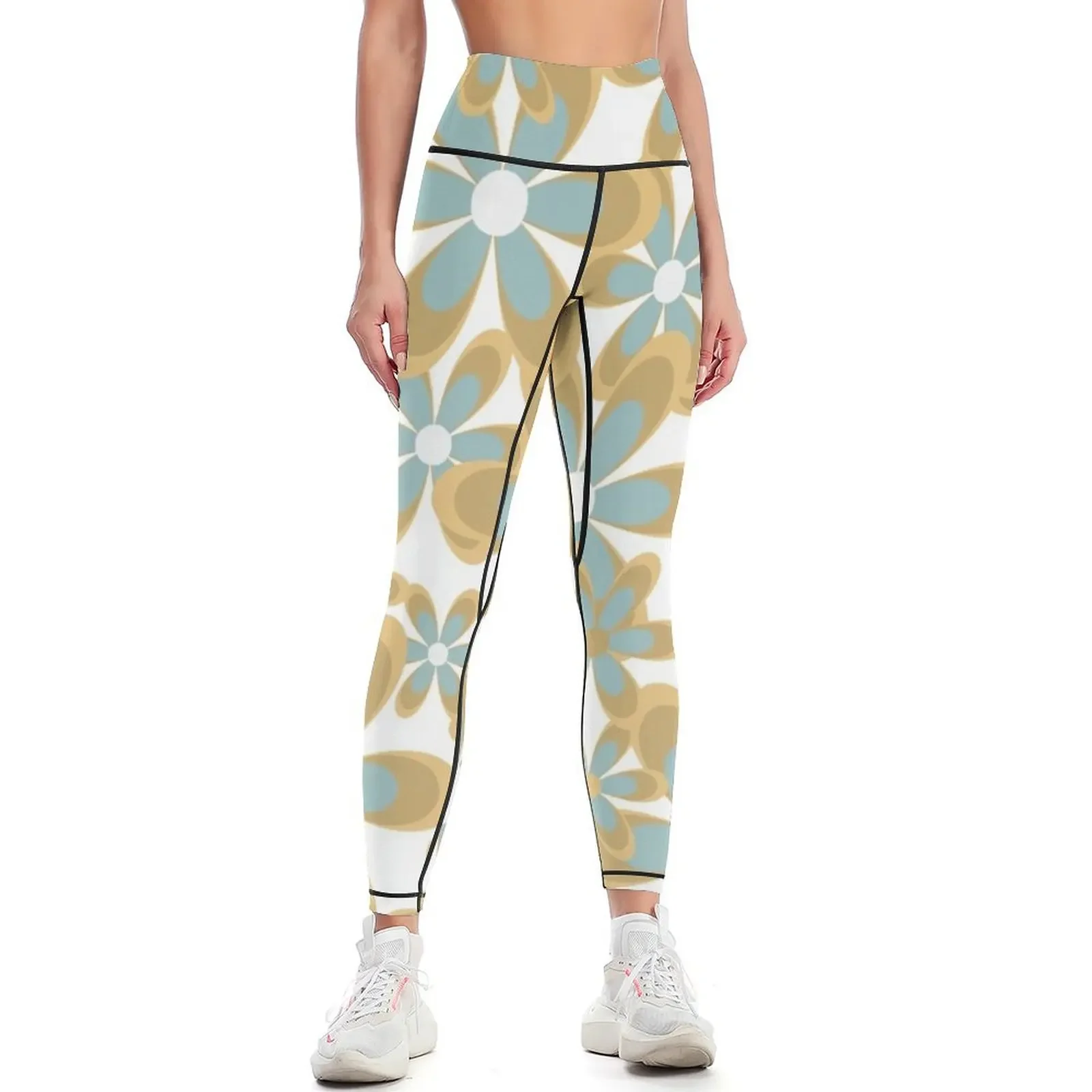 Flowerama. Papercut Floral in Ice Aqua Blue, Gold, and White. Cheerful Busy Retro Pattern Leggings for fitness Womens Leggings