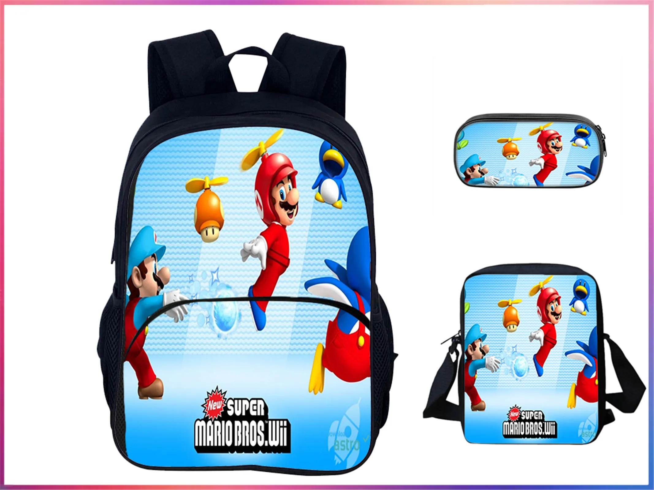 

HOT 3 in 1 Backpack Set-Unisex Children Super Mario Multifunction Rucksack and Lightweight Side Bag Pencil Box for Student