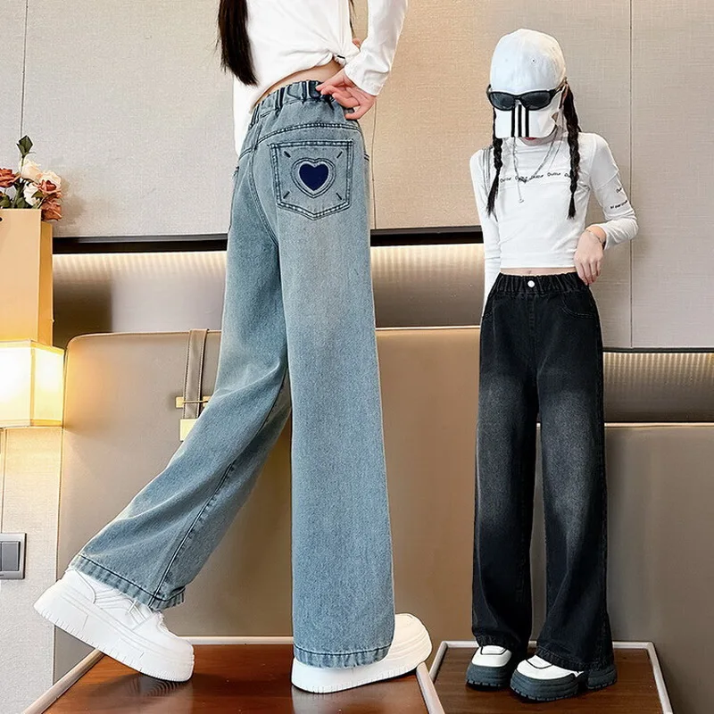 Girls School Wide Leg Pants with Pocket Heart Design Casual Loose 2025 Kids Fashion Long Jeans Children Korean Style Trousers