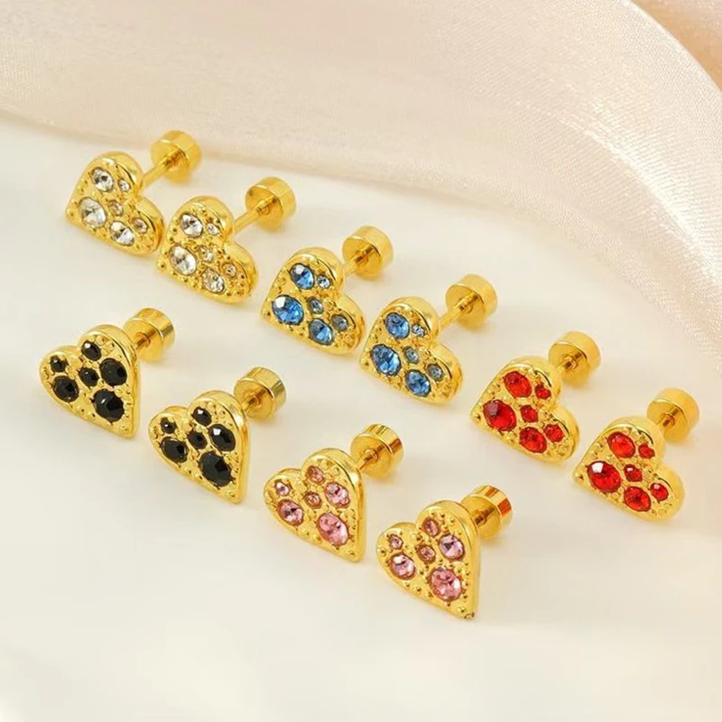 

10Pcs Fashion Versatile Jewelry Stainless Steel Gold Plated Colorful Rhinestones Heart Stud Earrings for Women