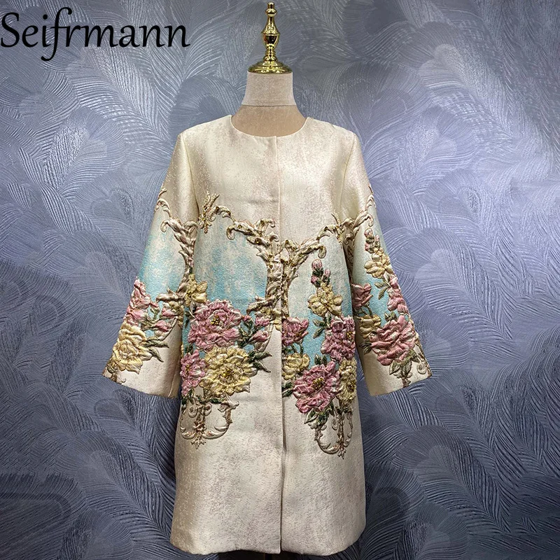 Seifrmann 2026 Summer Women's clothing New Fashion Round Neck Long Sleeve Nail Bead Jacquard Long Coat