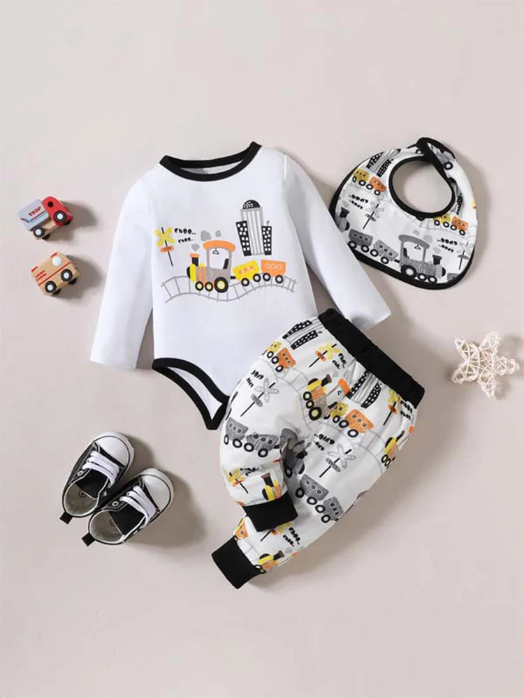 3PCS Cotton Steam Train Printed Long Sleeved Romper Toddler Uniform Pants Crawling Suit Bibs Autumn WinterBoy Child Baby 0-18M