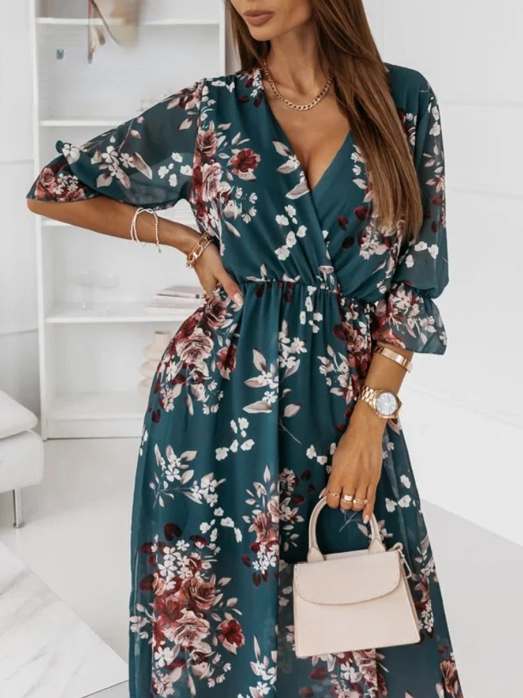 Chiffon Summer Dresses Women 2023 Elegant A-line Flower Office Spring Long Sleeve V-Neck Floral Maxi Dresses for Women Vestido