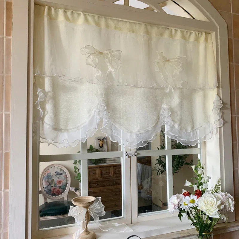 Beige Wave Embroidered Flowers Window Valance for Living Room Elegant Lace Curtain Valance Bow Tie Short Curtains Kitchen #A359