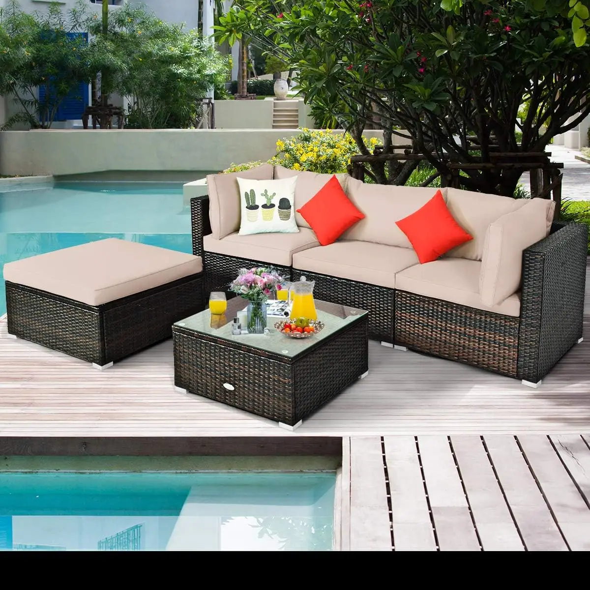 

5 Pieces Patio Conversation Set Outdoor Rattan Wicker Furniture Set, Sectional Sofa Ottoman Set