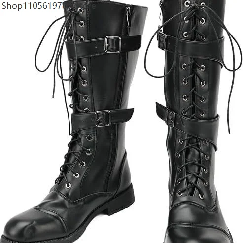 Medieval Renaissance Mens Tall Cosplay Boots Black Faux Leather Lace Up Buckle Knee Boots Pirate Role Play Footwear For Party 4