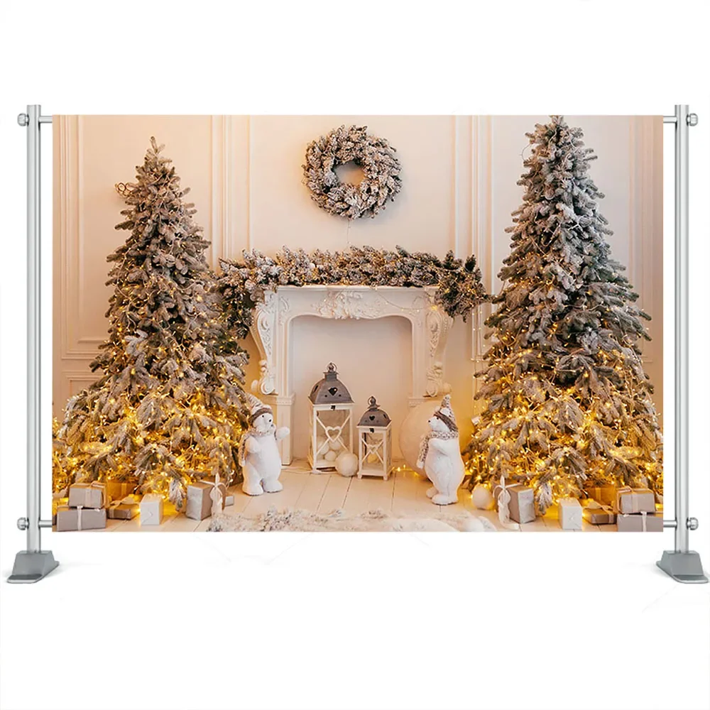 Winter Christmas Tree Fireplace Photography Background Wreath Gift Decoration Backdrops for Photo Studio Backdrop Photocall image 6