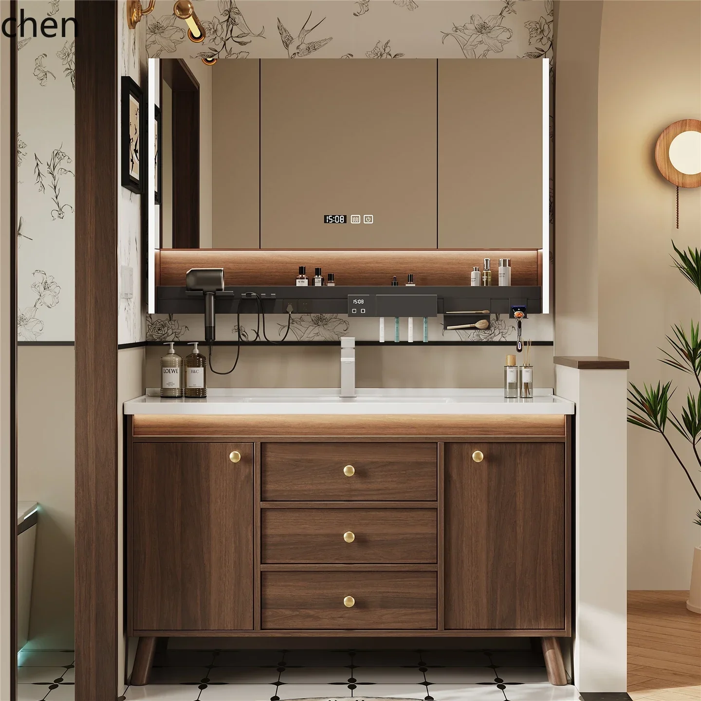 DSA Floor-Standing Ceramic Integrated Bathroom Cabinet Washbasin Vintage Style Bathroom Sink Basin