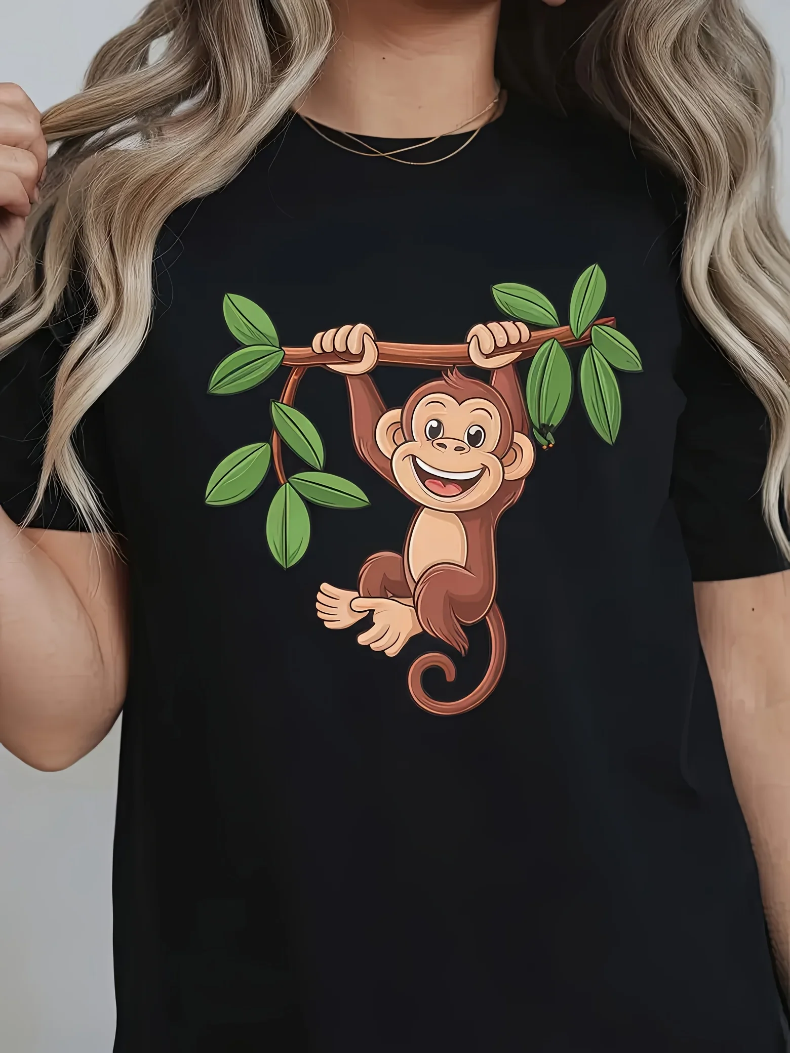 تي شيرت نسائي مطبوع عليه جرافيك على شكل قرد وأوراق شجر مرحة وأكمام قصيرة ورقبة دائرية كاجوال للصيف تي شيرت برسومات مريحة