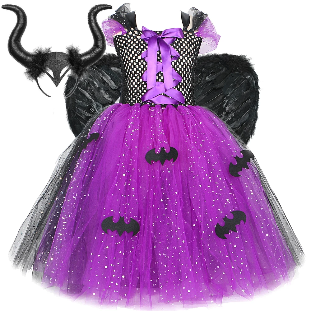 Sparkly Devil Witch Queen Costumes for Girls Twinkle Bat Halloween Long Tutu Dress Kids Carnival Outfit with Horns Feather Wings