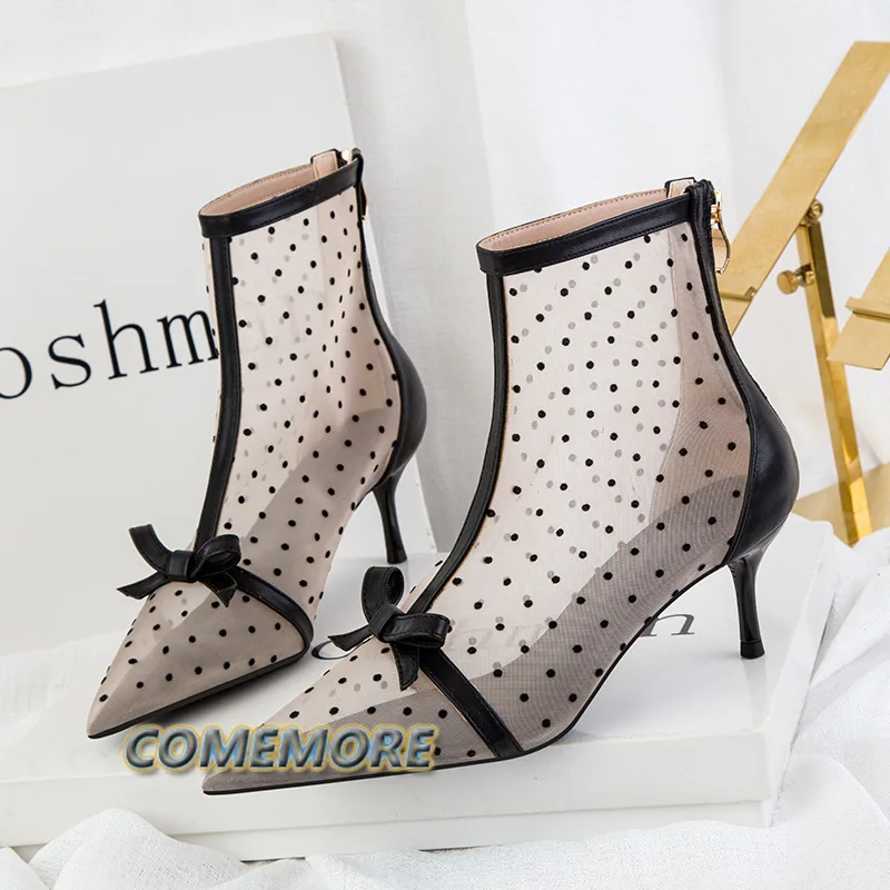 Women\'s Boots Elegant Ankle Boot Sexy Pointed Party Polka Dot Shoes Fashion Mesh Breathable Summer Casual Ladies Dot Hollow Bow